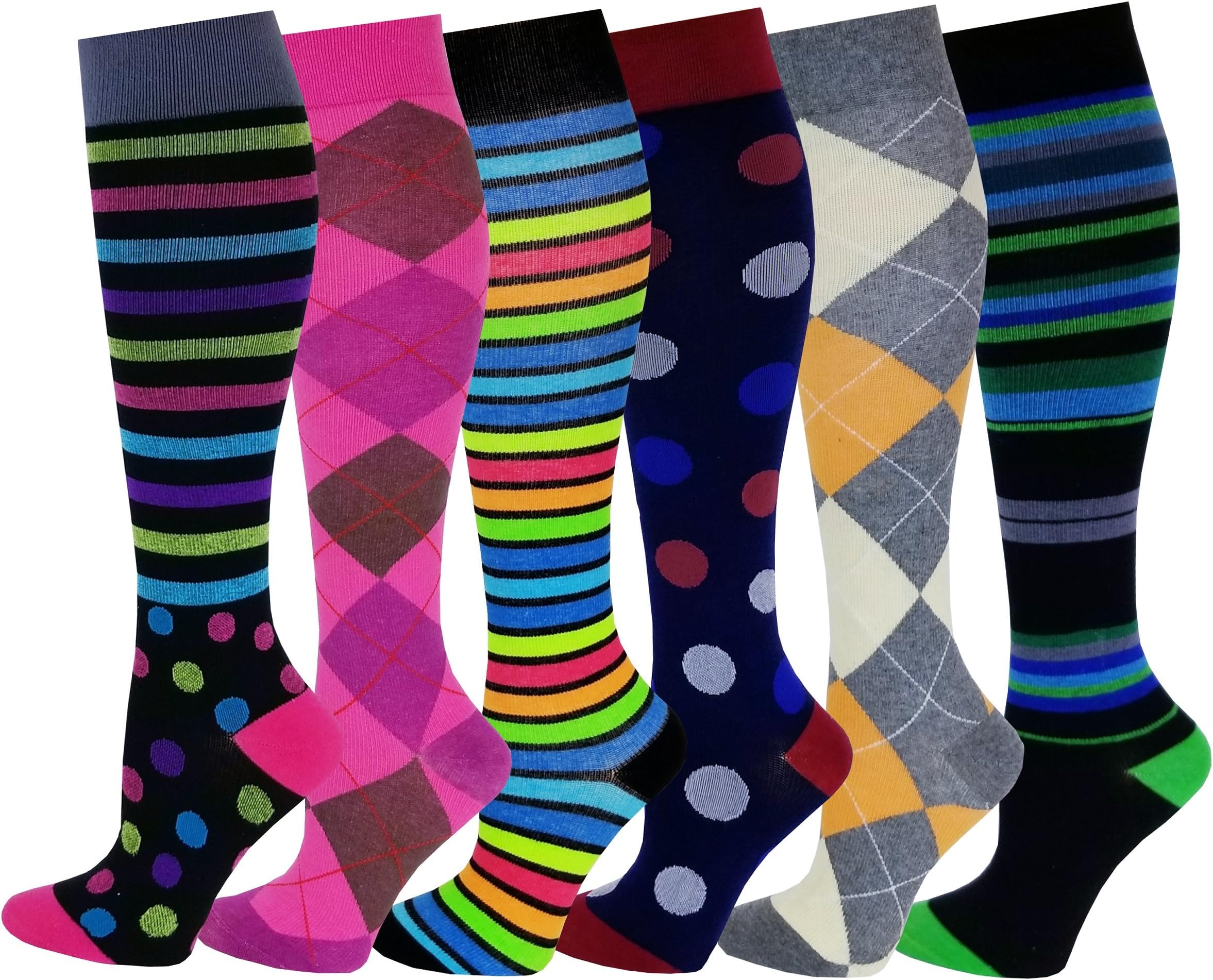 6 Pairs Pack Women Sports, Travelers, Anti-Fatigue, Graduated Compression Knee High Socks 9-11 (Assorted 429)