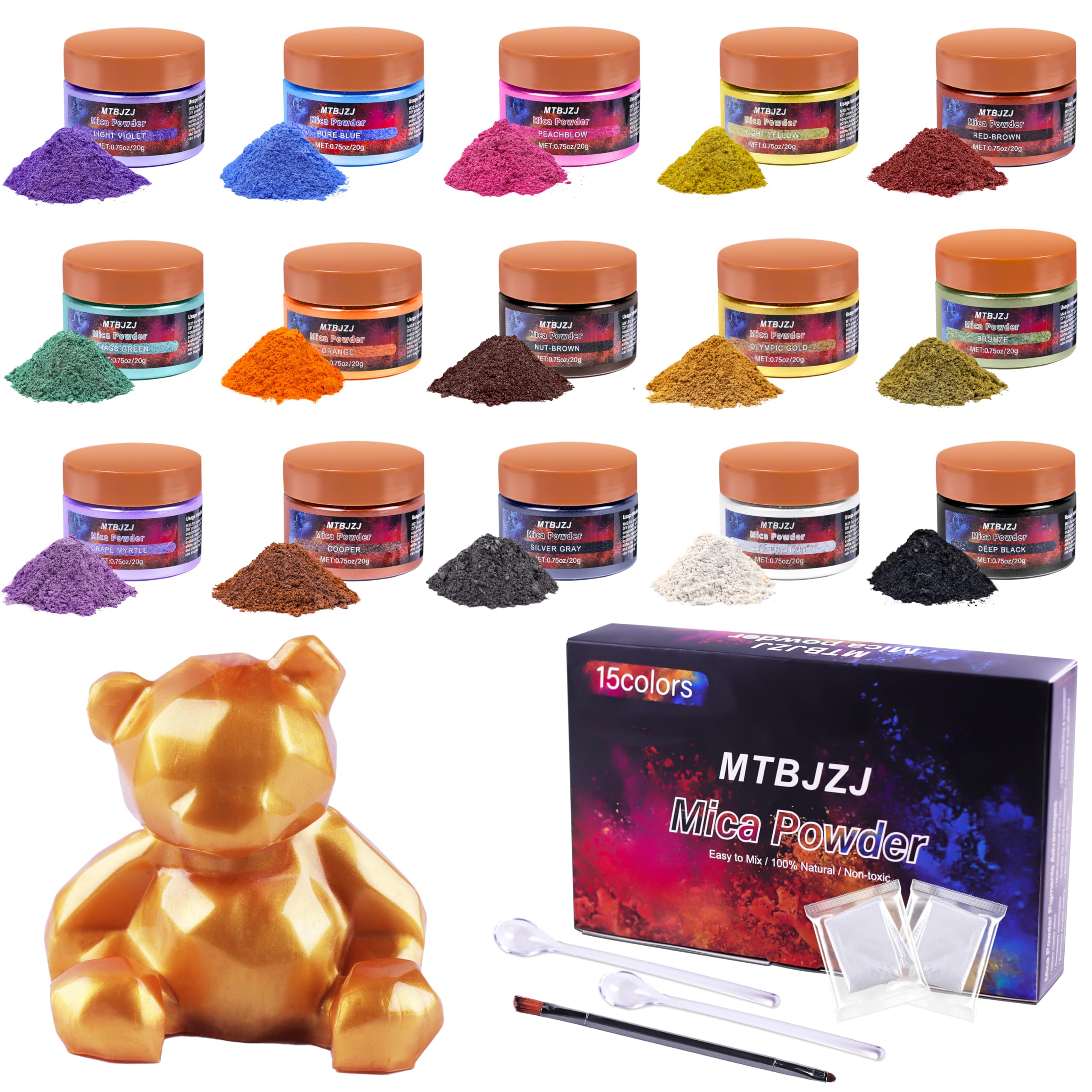 MTBJZJ Mica Powder for Resin, 15 Colors - 20g/Bottle of Epoxy Resin Color Pigment,for Candle Dye, Lip Gloss Pigment, Soap Making, Slime Colorant, Paint, Bath Bombs,Nail Polish and Eye Shadow