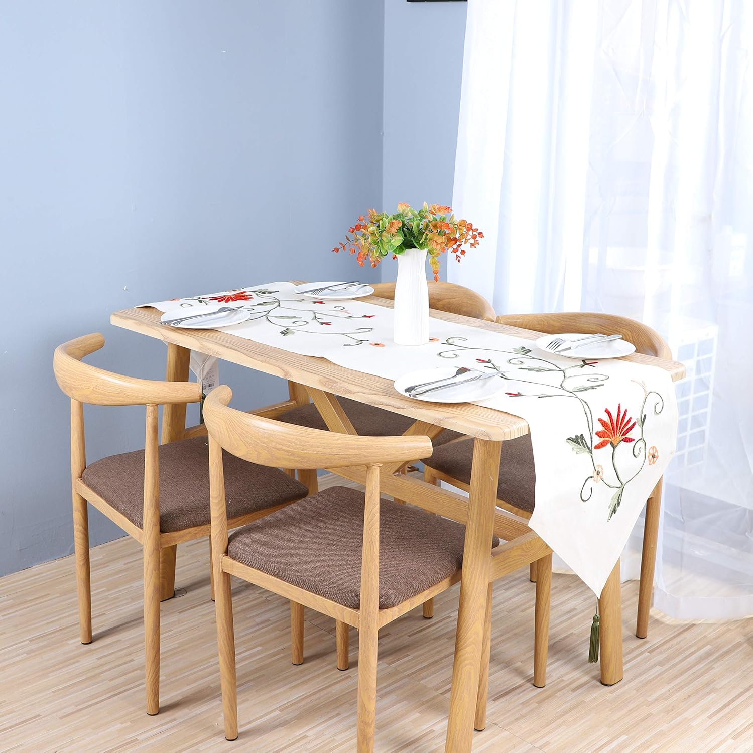 Ethomes Floral Embroidered Linen Cotton Burlap Beige 87 x 16 inches Approx Table Runner with Tassles: Home & Kitchen