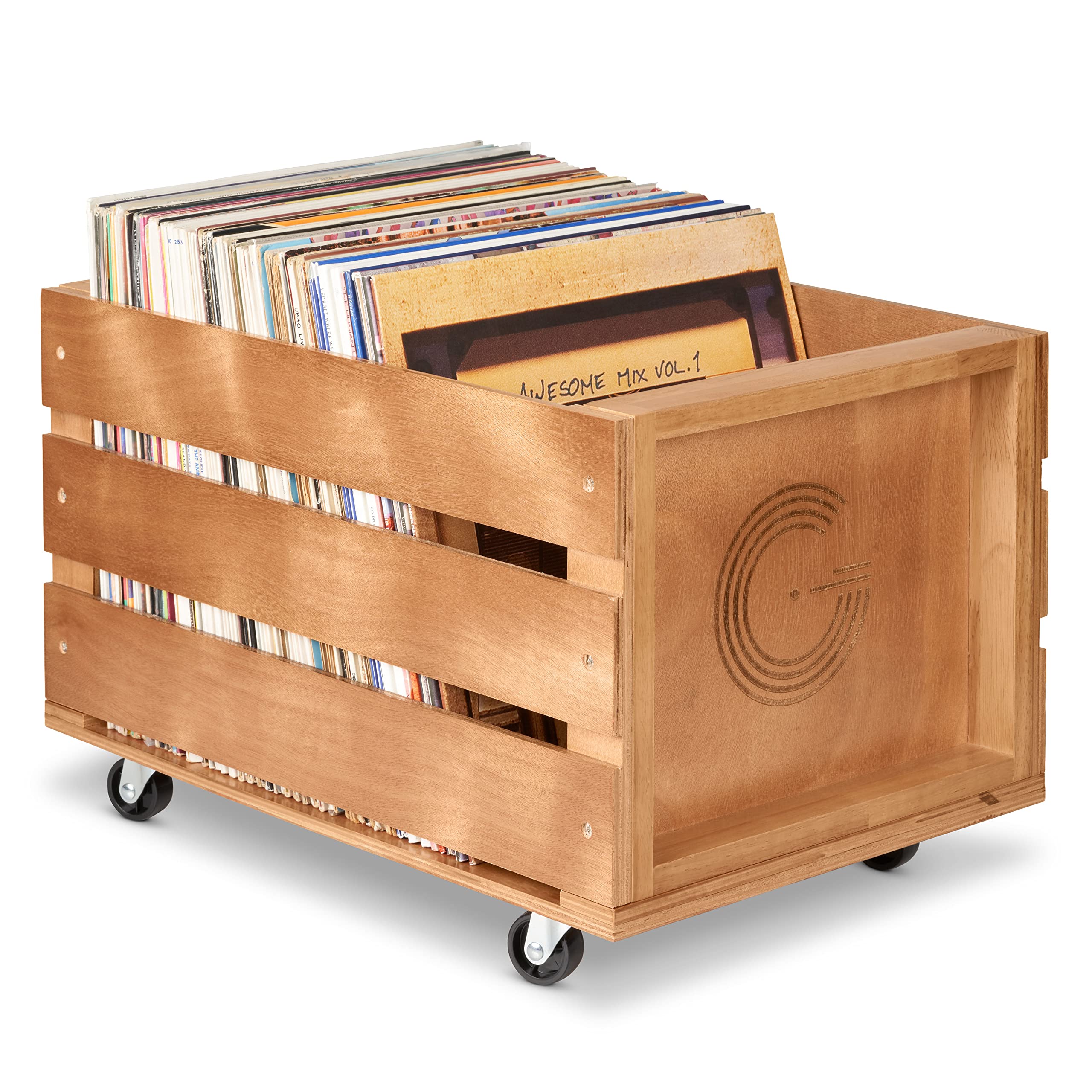 Legend Vinyl Record Storage Crate on Wheels - Wooden Crate Box Holds up to 100 Records and LPs - Oak Wood Finish
