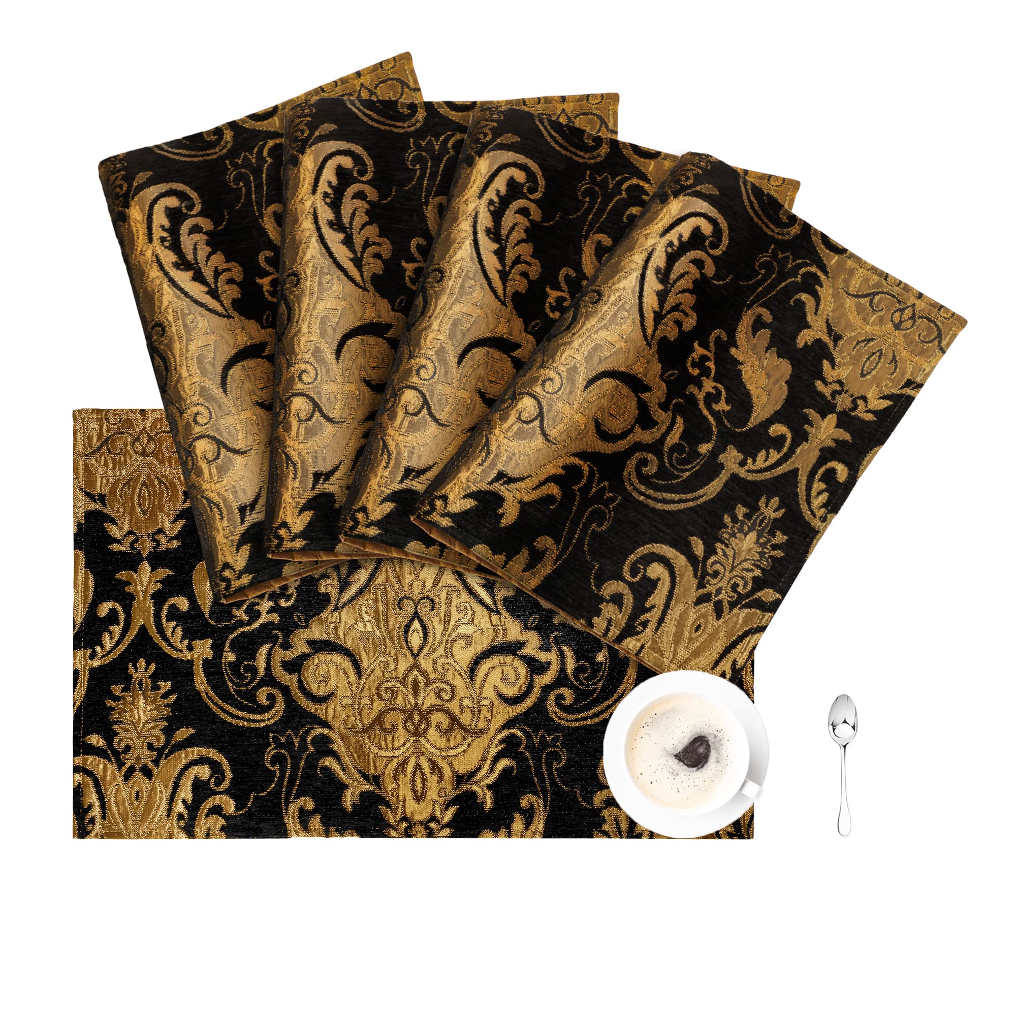 Photo 1 of Loom and Mill Luxury Chenille Placemats Set of 4, Classic Damask Jacquard Table Place Mats for Dining Table Kitchen Halloween Holiday Banquet Decoration, Double-Layer Dining Table Mats(12"x18", Black)