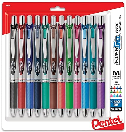 Pentel EnerGel RTX Retractable Liquid Gel Pen .7mm 12/Pkg-Assorted Ink Colors