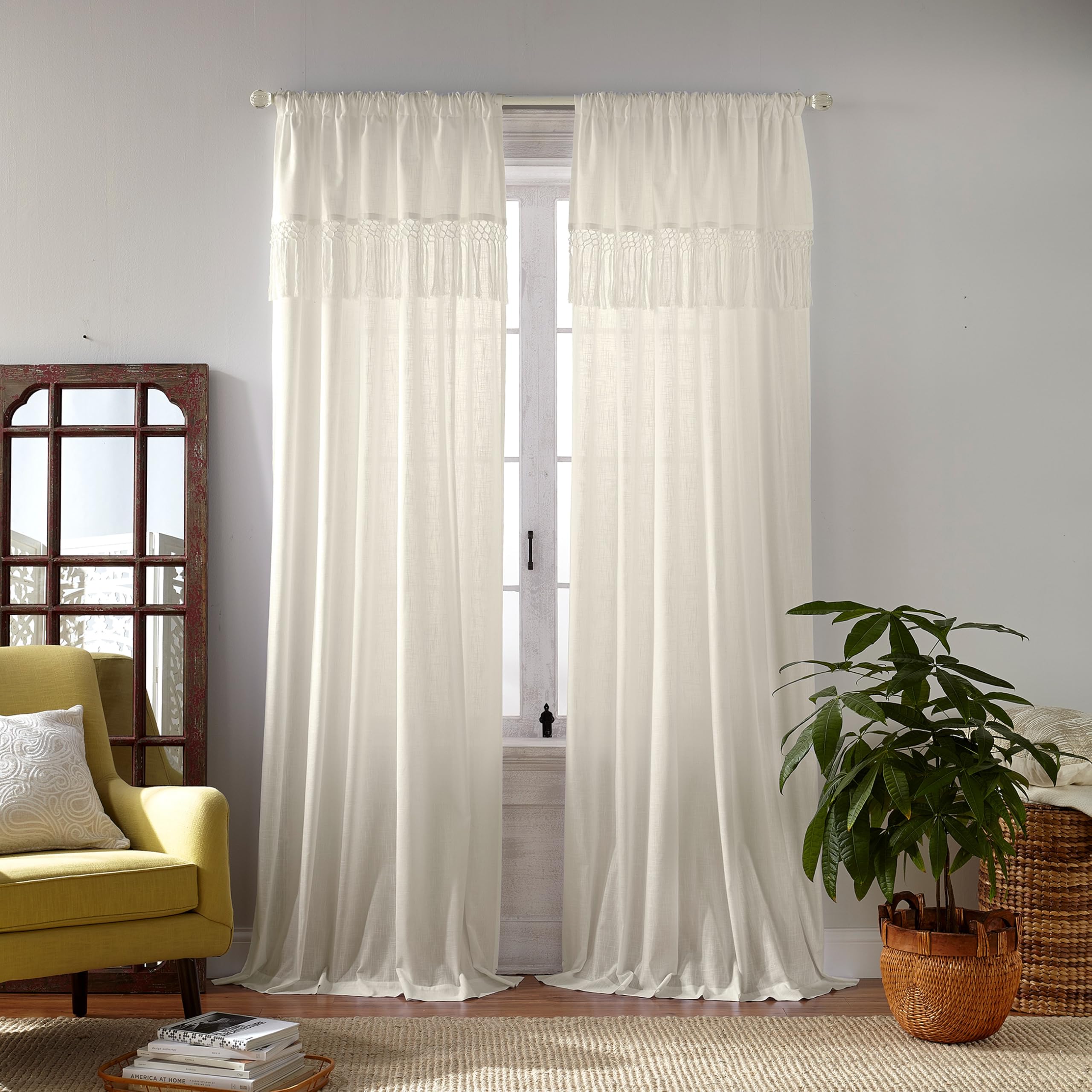 Elrene Macramé Tassel Semi Sheer Window Curtain Panel, Ivory, 52" W x 95" L (Pack of 1)