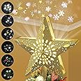 Ryhpez Christmas Tree Topper, Gold Star Christmas Tree Toppers with LED Rotating Snowflake Projector Lights, 3D Glitter Lighted for Christmas Tree Decorations Holiday Party