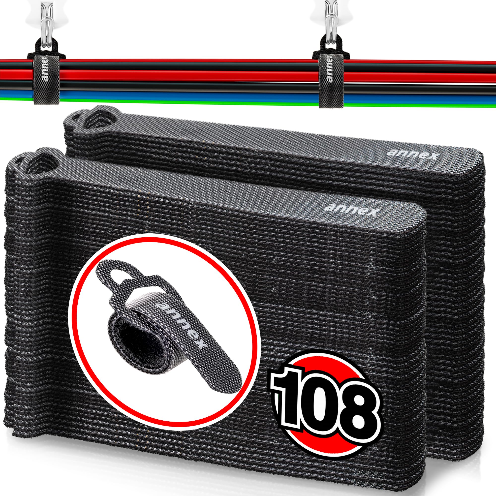 Photo 1 of 108pcs Cable Ties Reusable: Straps Tidy up Cluttered Cables, No More Mess, Long-lasting, Firmly Sticking, Multi-purpose, Adjustable Hook and Loop Wire Organizers for Home and Office