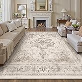 PureCozy Area Rug 8x10 Beige Washable Living Room Carpet Non Slip Vintage Medallion Indoor Bedroom Carpet Low Pile Soft Retro Distressed Large Rug Home Office Dining Room Playroom