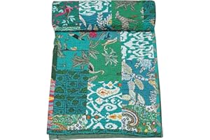 Marubhumi Quilts Indian Handmade Pure Cotton Blanket, Indian Silk Sari Patchwork, Reversible, Vintage Kantha Quilt, Comforter, Multicolor - Queen 90 x 108 Inches