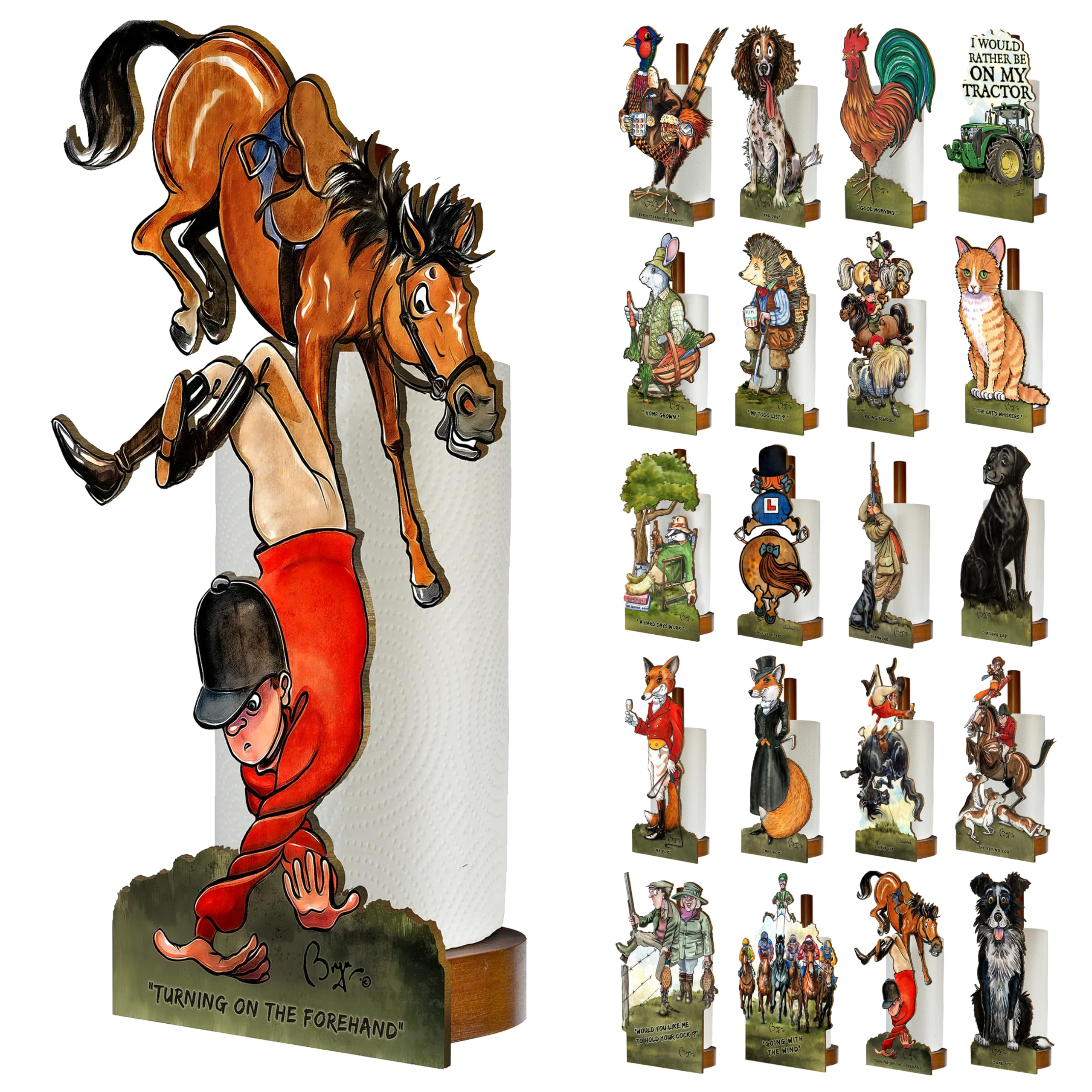 Looprints Fun Toilet Roll Storage & Kitchen Towel Holder Wooden Stand | Bryn Parry Eventing Art | Novelty Kitchen & Bathroom Decor & Accessories | Adds A Touch Of Humorous Decor To Any Equesrtian Home — image 1