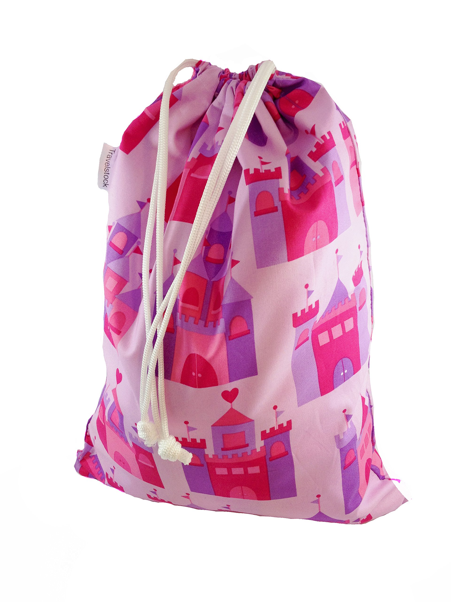 Travelstock Kids Cotton Drawstring Gym/Swim/Shoe Bag - Pink Fairy Castles