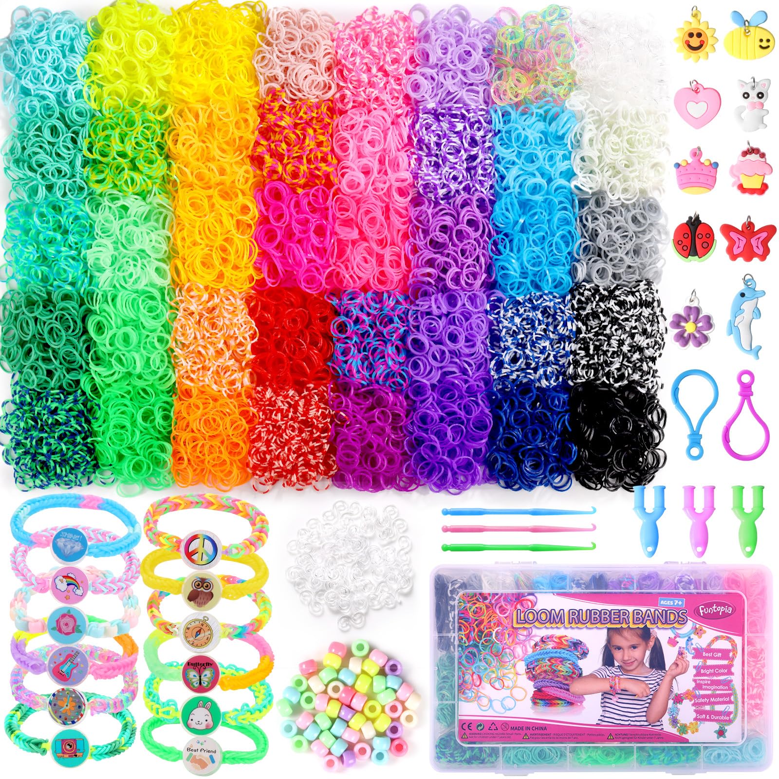 Funtopia 9000+ Loom Band Kit, 40 Colors Loom Bands Refill Rubber Bands with Clips Charms Beads and Other DIY Friendship Bracelet Making Kit for Kids Girls