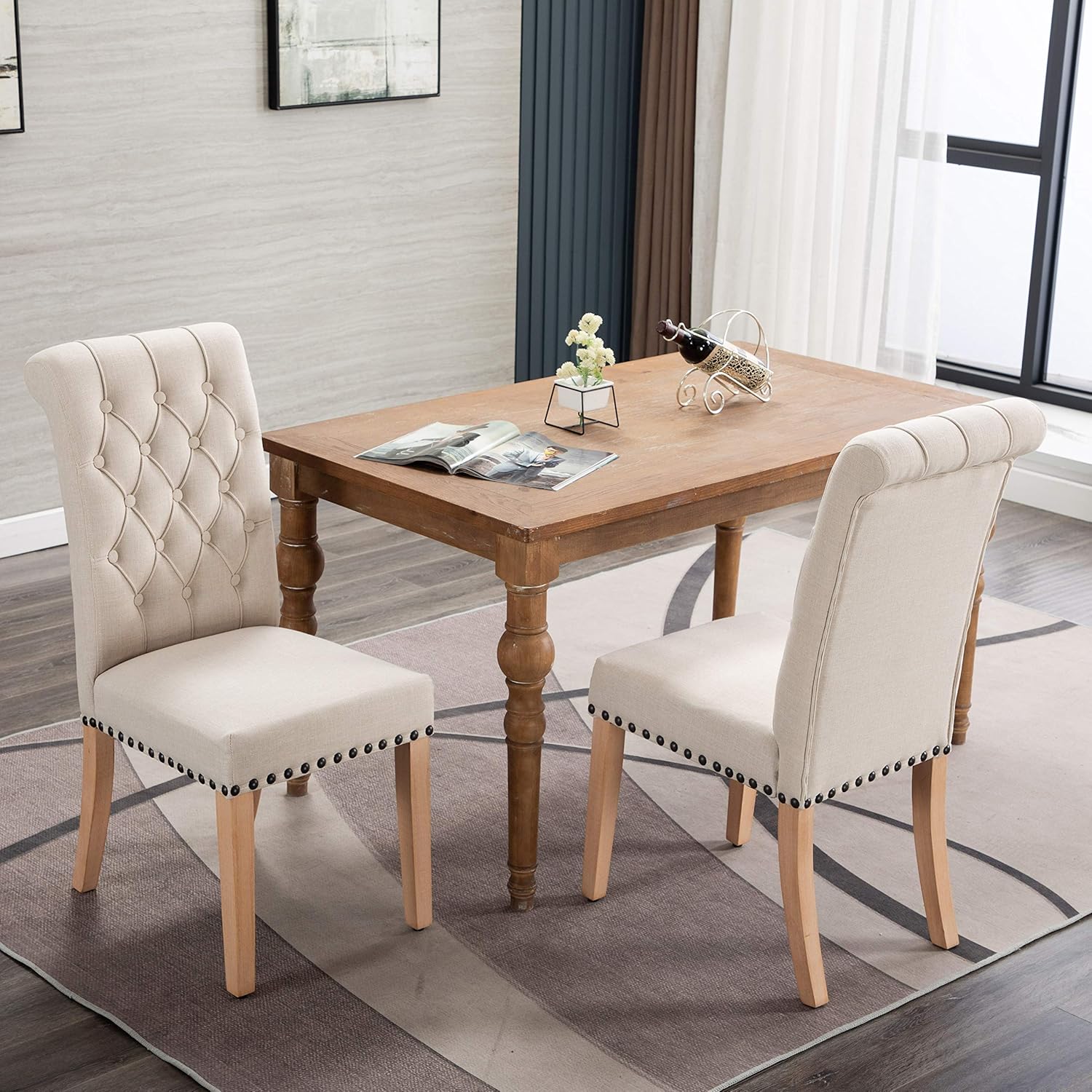 Luxuriour Fabric Dining Chairs, Pekko Kitchen Room with Copper Nails and Solid Wood Legs Set of 2 (Beige+A) - Chairs