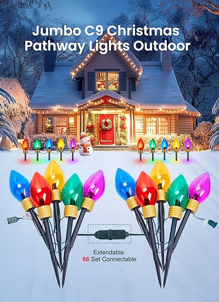 MINETOM JUMBO CHRISTMAS LIGHTS, C9 OUTDOOR PATHWAY MARKER STAKES LIGHTS, 4 PACK 10.5 FEET 5 LED STRING LIGHTS COVERED JUMBO MULTICOLORED LIGHT BULB FOR HOLIDAY OUTSIDE YARD GARDEN WALKWAY DECOR