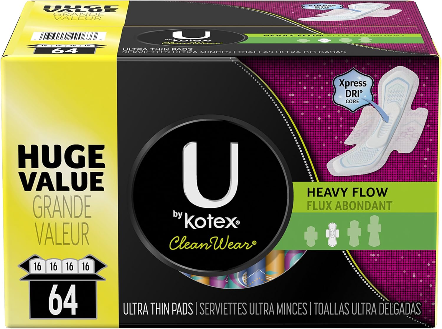U by Kotex CleanWear Ultra Thin Pads with Wings, Heavy Flow, Unscented, 64 Count: Health & Personal Care