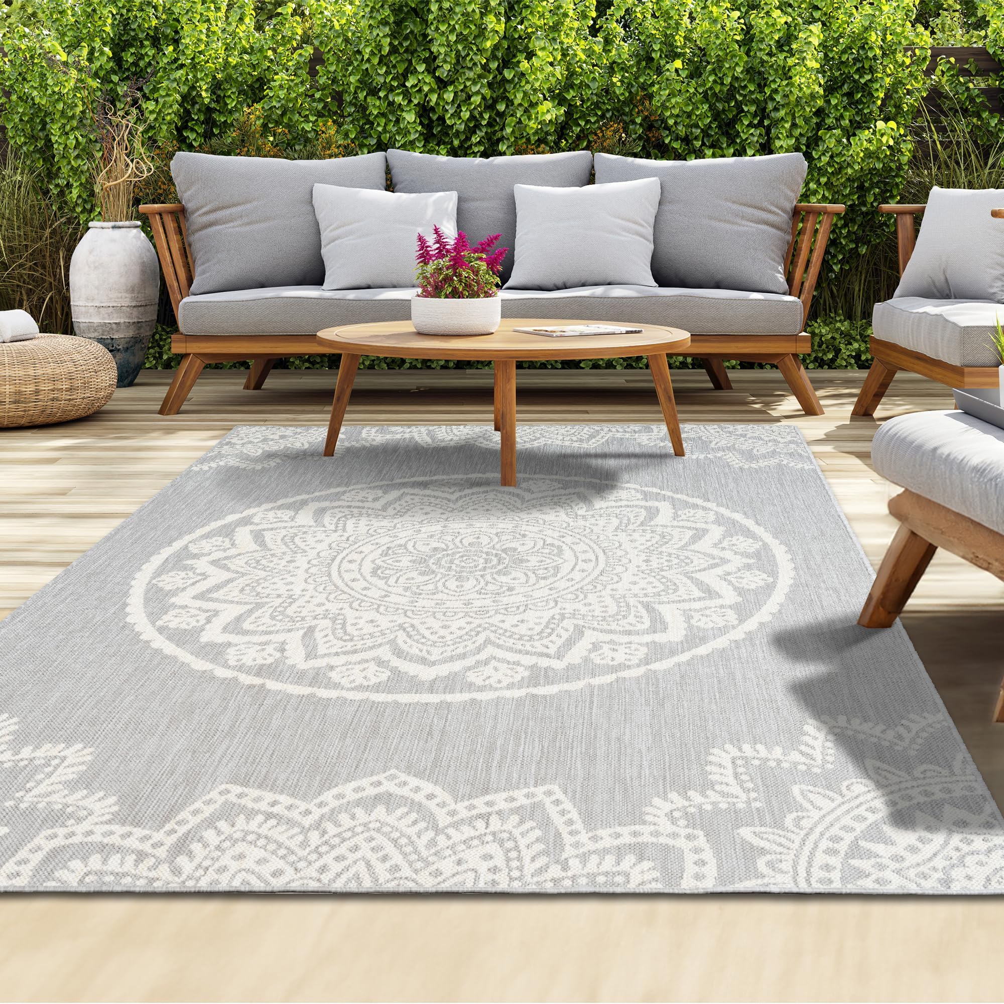 homeart Outdoor Rug - Easy-Clean, Durable, Stain-Resistant, Weather & UV Resistant Indoor & Outdoor Rugs for Porch, Deck, Balcony, Garden, Picnic and Patio | Mandala Grey, Cream - 80x150cm