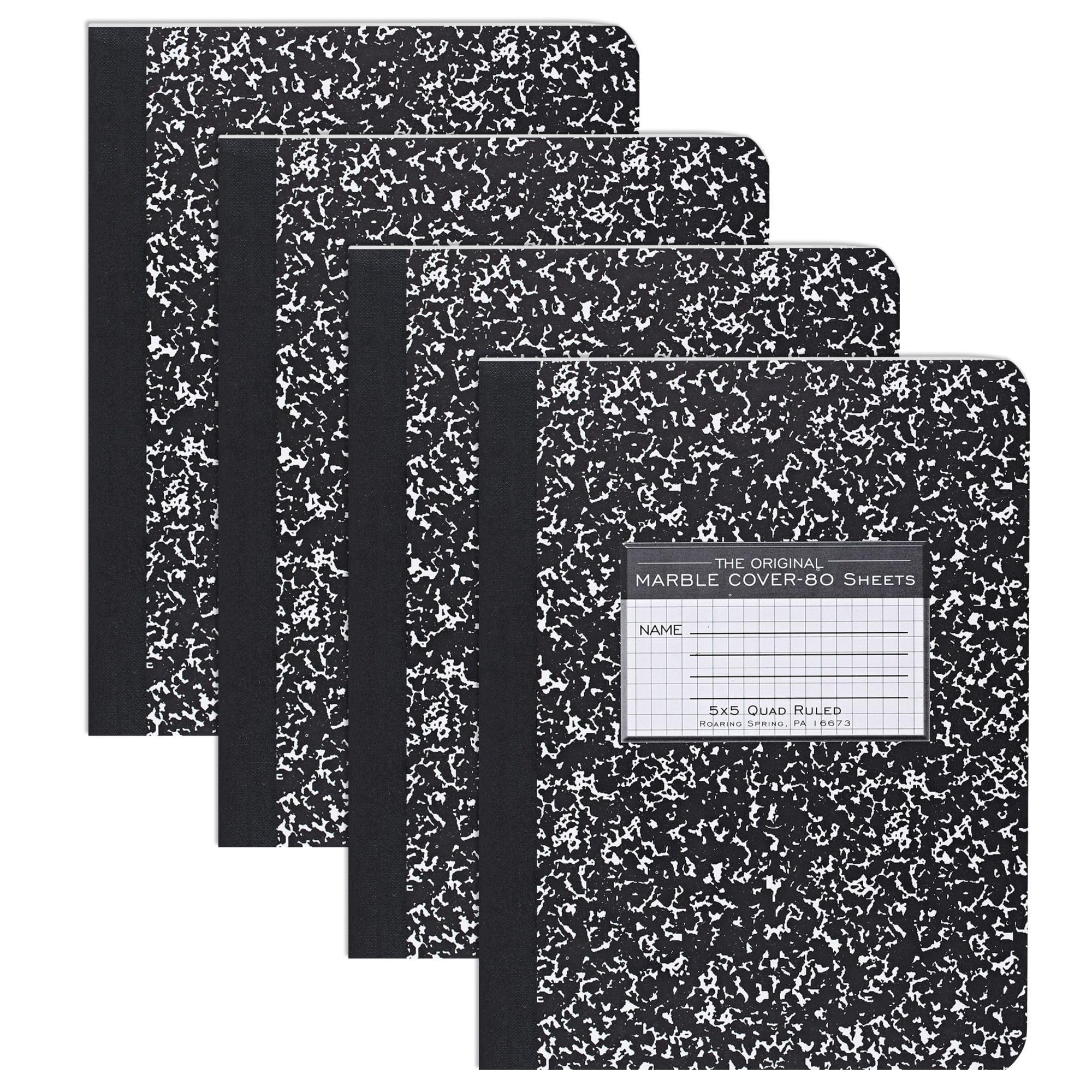 ROARING SPRING Composition Book Squared Ruled Hardback Cover Pack of 4 9.8" x 7.5" 80 Sheets Black Marble Cover