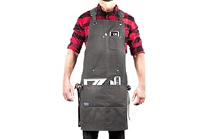 Hudson Durable Goods Deluxe Edition Waxed Canvas Tool Apron for Men and Women, Heavy Duty Work Apron with Pockets for Tools, Adjustable Crossback Straps - Grey
