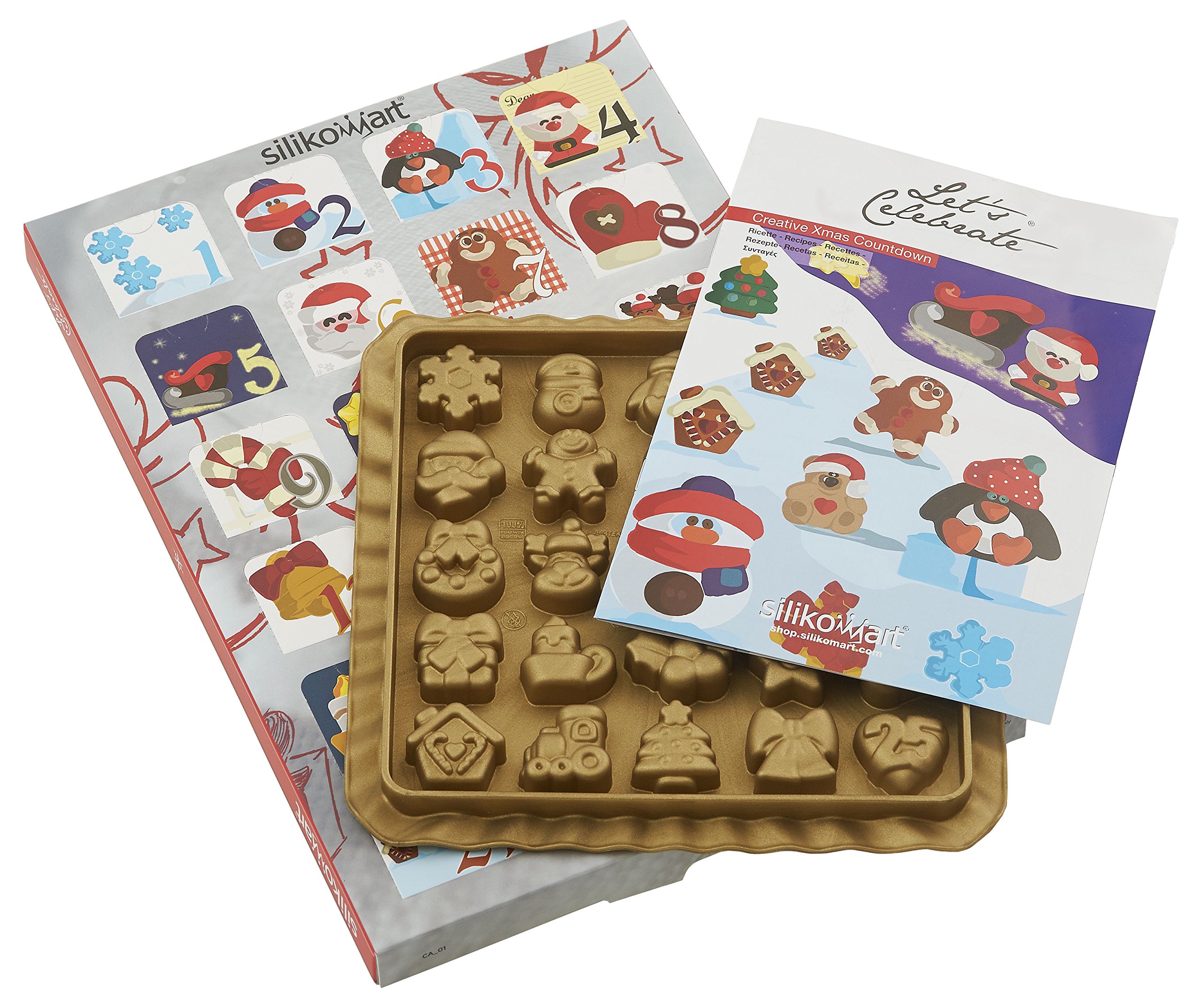 Silikomart, CA01 Kit CREATIVE XMAS COUNTDOWN, Kit composition 1 Silicone Mould, 1 Gift Box, Winter Holiday Inspiration, 28 x 28 mm, h 13 mm, Volume 140 ml, Made in Italy, Gold