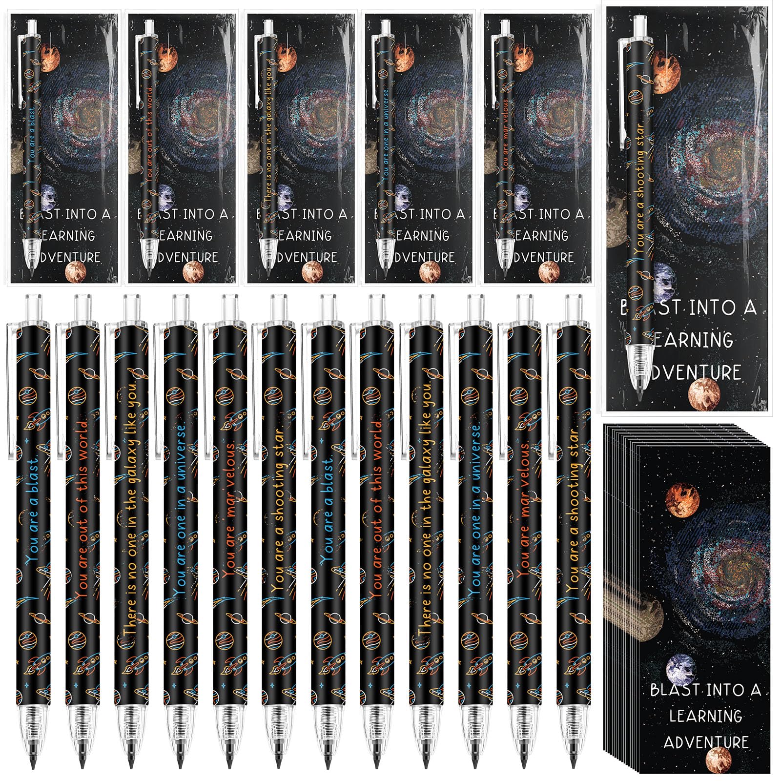 Photo 1 of Dunzoom 30 Set Space Theme Mechanical Pencils Bulk Blast into a Learning Adventure Bookmark Space Classroom Decor Refillable and Retractable Pencils for Students Kids School Open House Party Favor