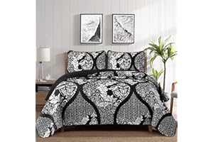 DJY Black Quilt Set Queen Size, Boho Damask Bedspread Coverlet Set Soft Lightweight Microfiber Bedding Set 3 Pieces for All Season (96"x90")