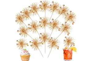 Rsstarxi 30 Pack Happy Birthday Cupcake Toppers Gold Firework Foil Cupcake Toppers Sparkle Tinsel Flower Drink Stirrers Cocktail Food Toothpicks for New Years Eve Christmas Party Cake Decorations