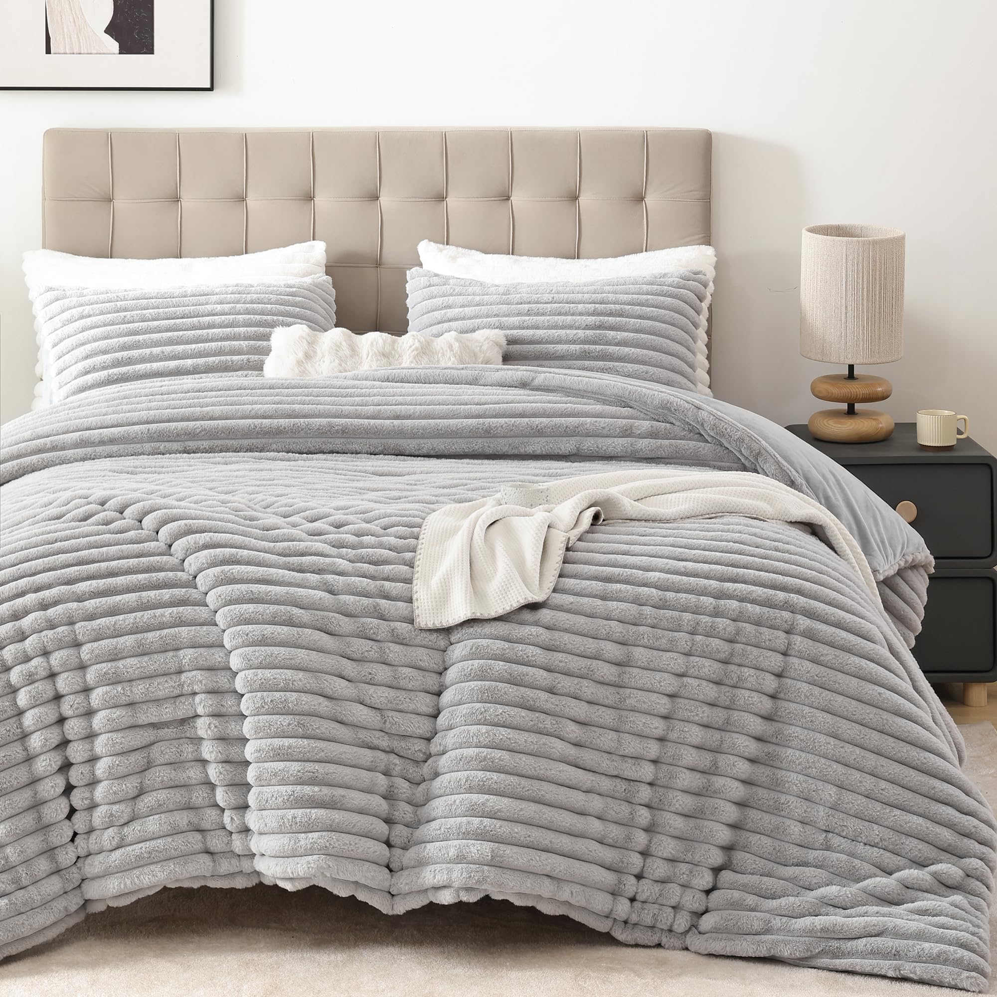 Photo 1 of Smoofy Fluffy Queen Comforter Set 3 Pieces - Light Grey Fleece Fluffy Comforter Queen Set, Luxury Fuzzy Queen Bed Set, Soft &Warm Bed Comforter All Season, Heavy Queen Bedding with 2 Pillow Cases