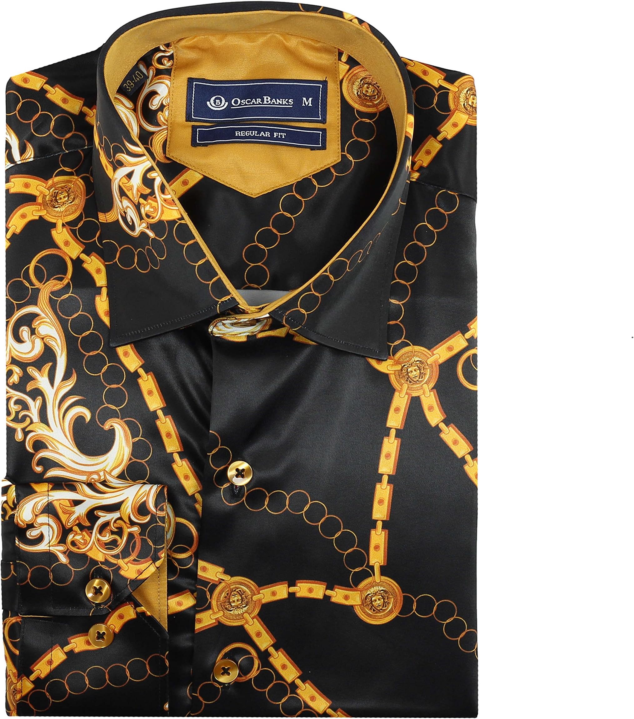 Oscar Banks New Mens Designer Style Black Gold Chain Printed Satin Feel Dress Party Shirt