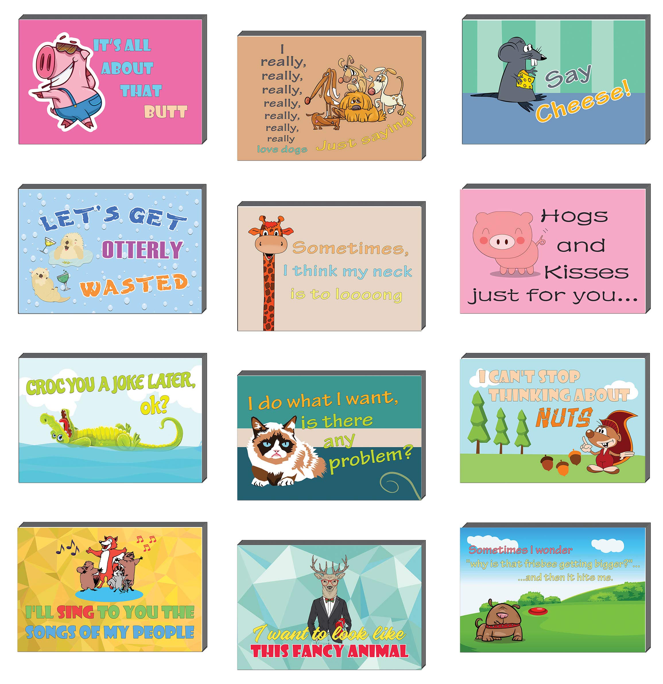 Creanoso Comedic Animals Funny Postcards (12-Pack) – Cool and Unique Gift Card Greeting Tokens for Adults Men Women Employees Professionals – Assorted Bulk Collection Set – Cool Card Gifts