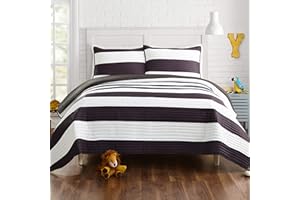 URBAN PLAYGROUND All Seasons Lavelle Black/White Stripe Quilt Set - 3 Piece Soft Brushed Microfiber Kids Bedding Set for Boys/Girls – Machine Washable (Full/Queen)