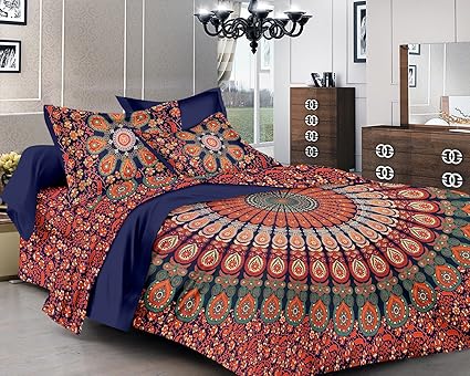 Pure Comfort Cotton Mandala King Size Double Bedsheet Peacock Feathers Printed Design with 2 Pillow Covers (Orange)