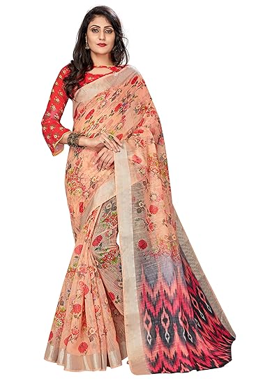 Womens Banarasi Linen Saree With Unstitched Blouse Piece (Digital_Print_Saree108_Multicolored)