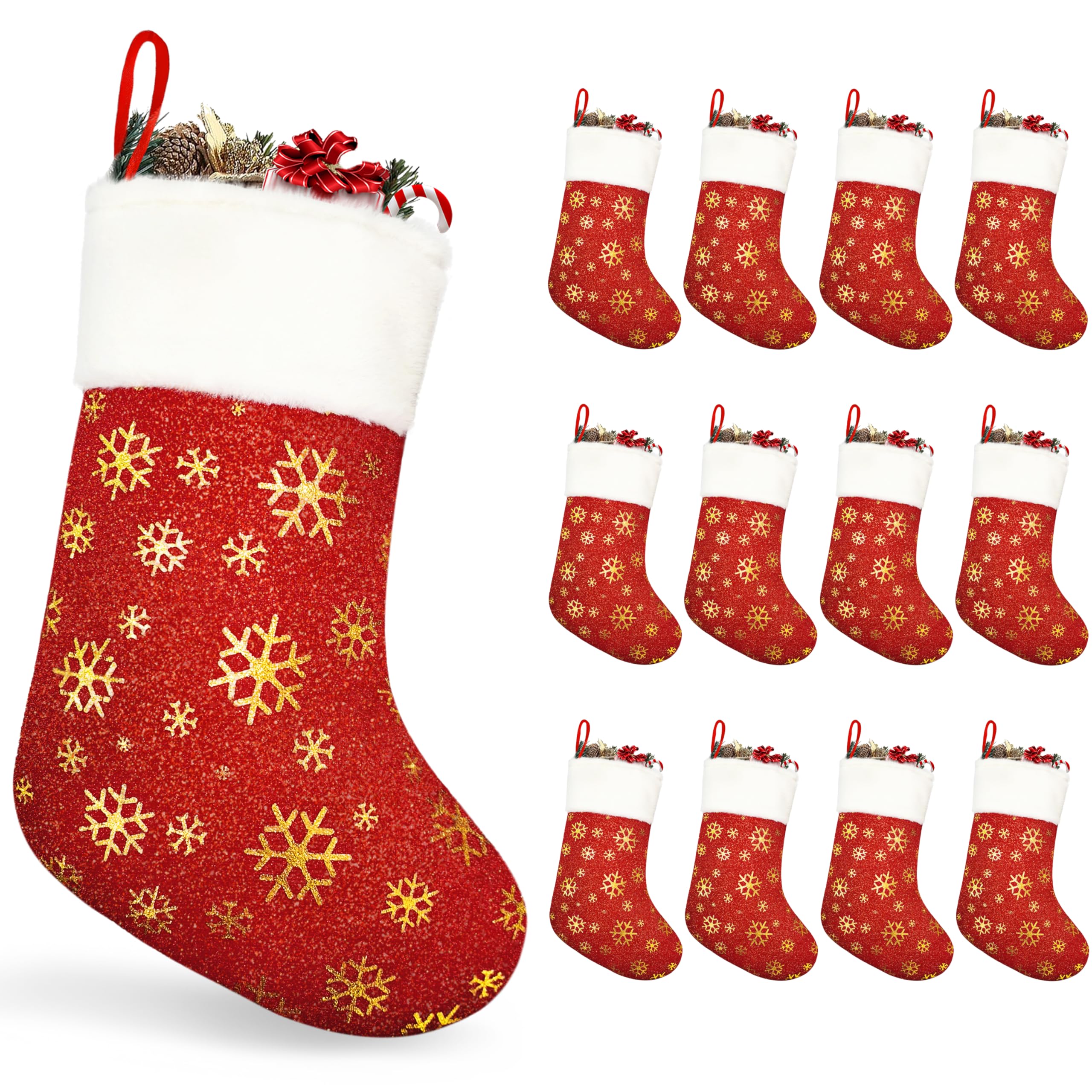 Photo 1 of 12PCS Bulk Christmas Stockings,18"Large Red Velvet with White Plush Cuff Xmas Stocking,Felt Flannel Faux Fur Stockings with Golden Snowflakes,Thickened Christmas Stockings Bulk for Fireplace Mantel