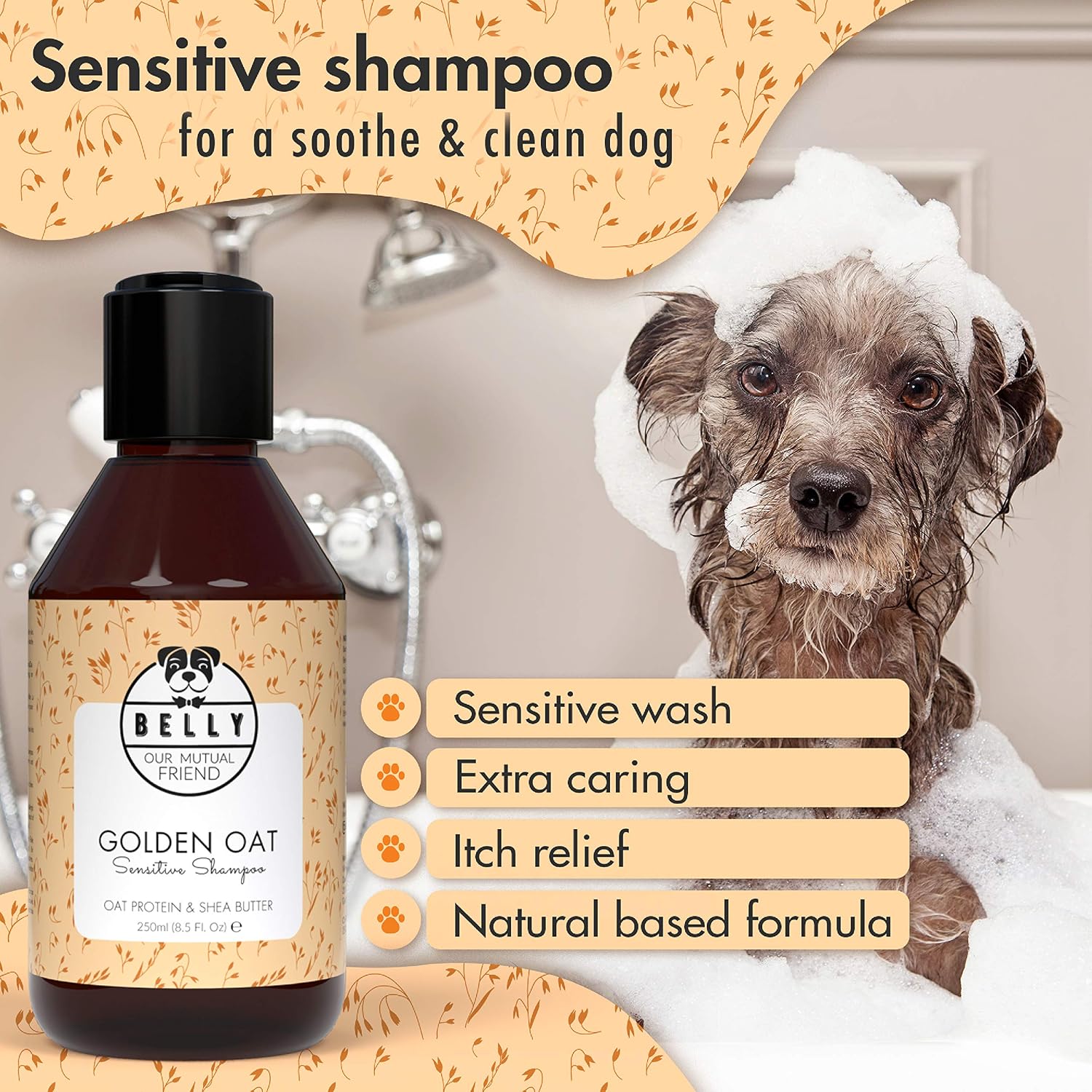 Belly Golden Oat & Shea Butter Sensitive Skin Dog Shampoo, 250ml, Hydrating and Natural Cleansing - Image 3