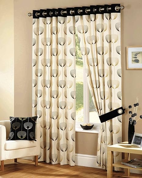 Elba Modern Black Cream Lined Eyelet Curtains Pair 46 X 72