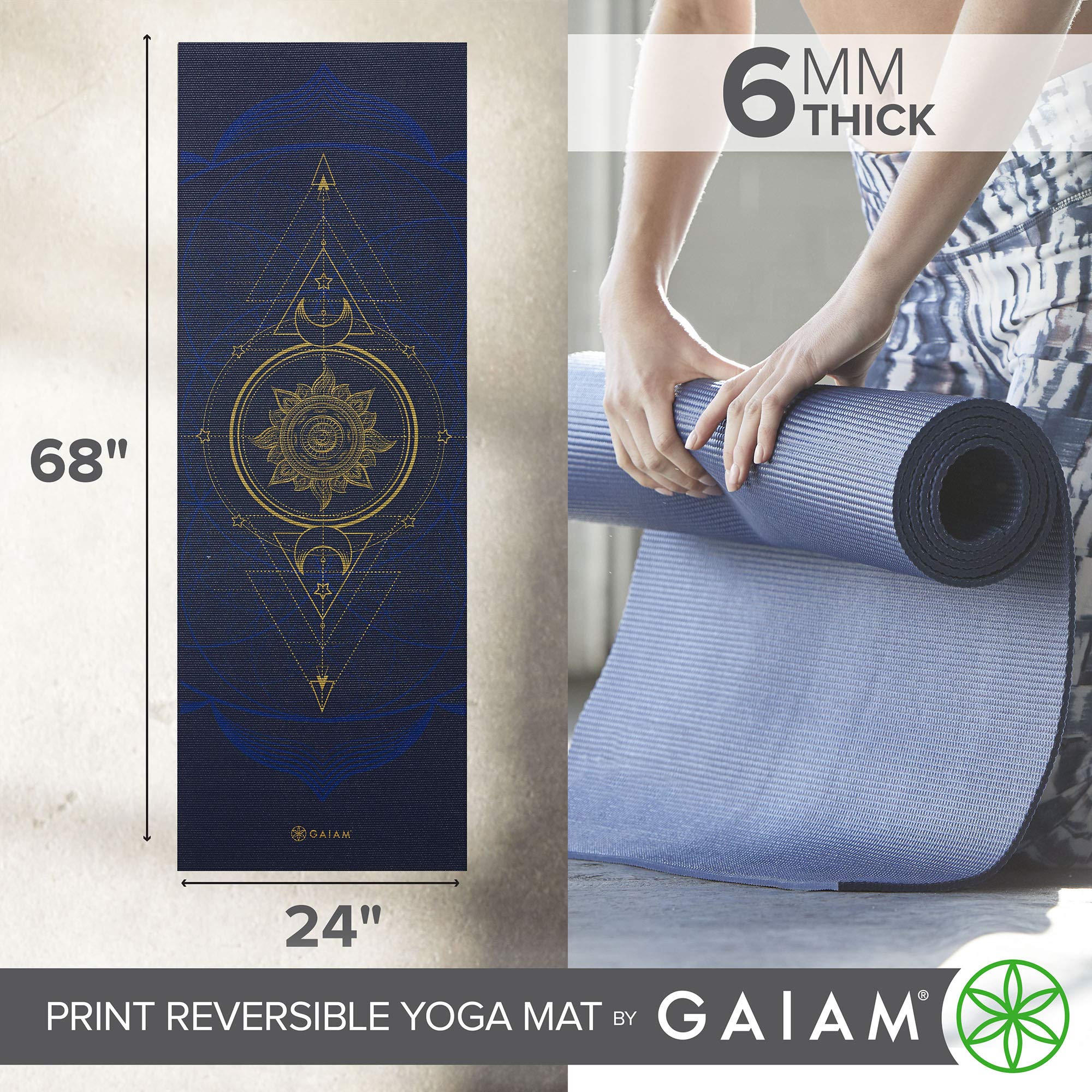 Gaiam Yoga Mat Premium Print Reversible Extra Thick Non Slip Exercise & Fitness Mat for All Types of Yoga, Pilates & Floor Workouts, Metallic Sun & Moon, 68 L x 24 W x 6mm Thick