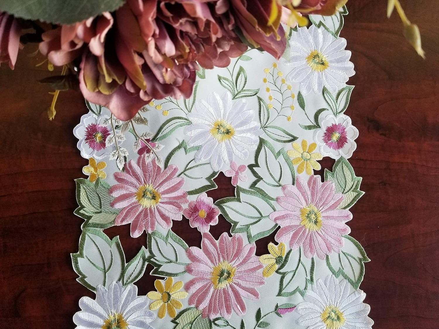 GRANDDECO Embroidered Flowery Table Runner,Applique Floral Daisy Cutwork Embroidered Table Linen, Home Kitchen Dining Tabletop Decoration, Runner 13"×68" (Runner 13"×68"（33x172cm）, Spring Color): Home & Kitchen