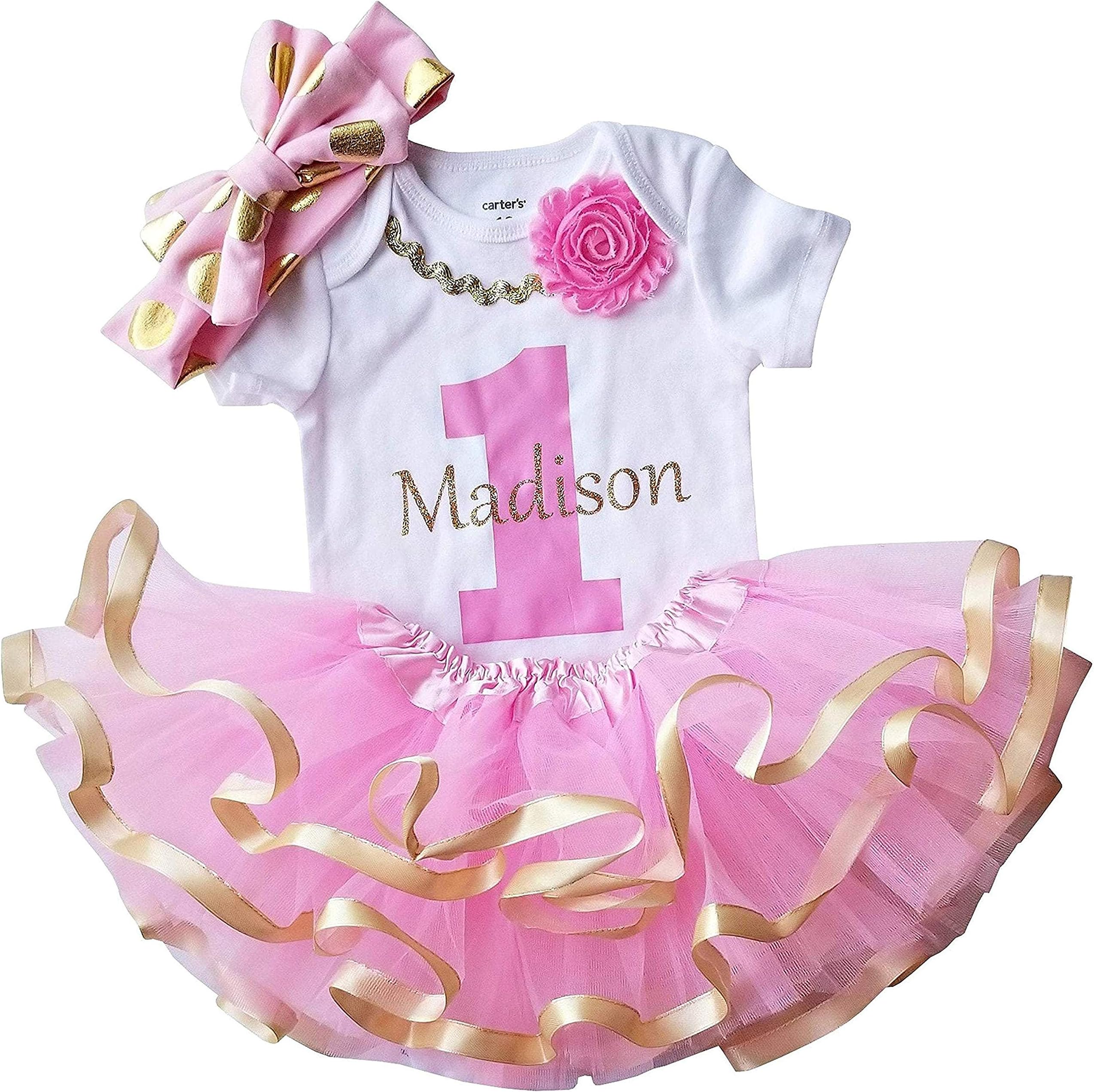 1st First Birthday Girl - Pink Gold Personalized Outfit for Baby Bday