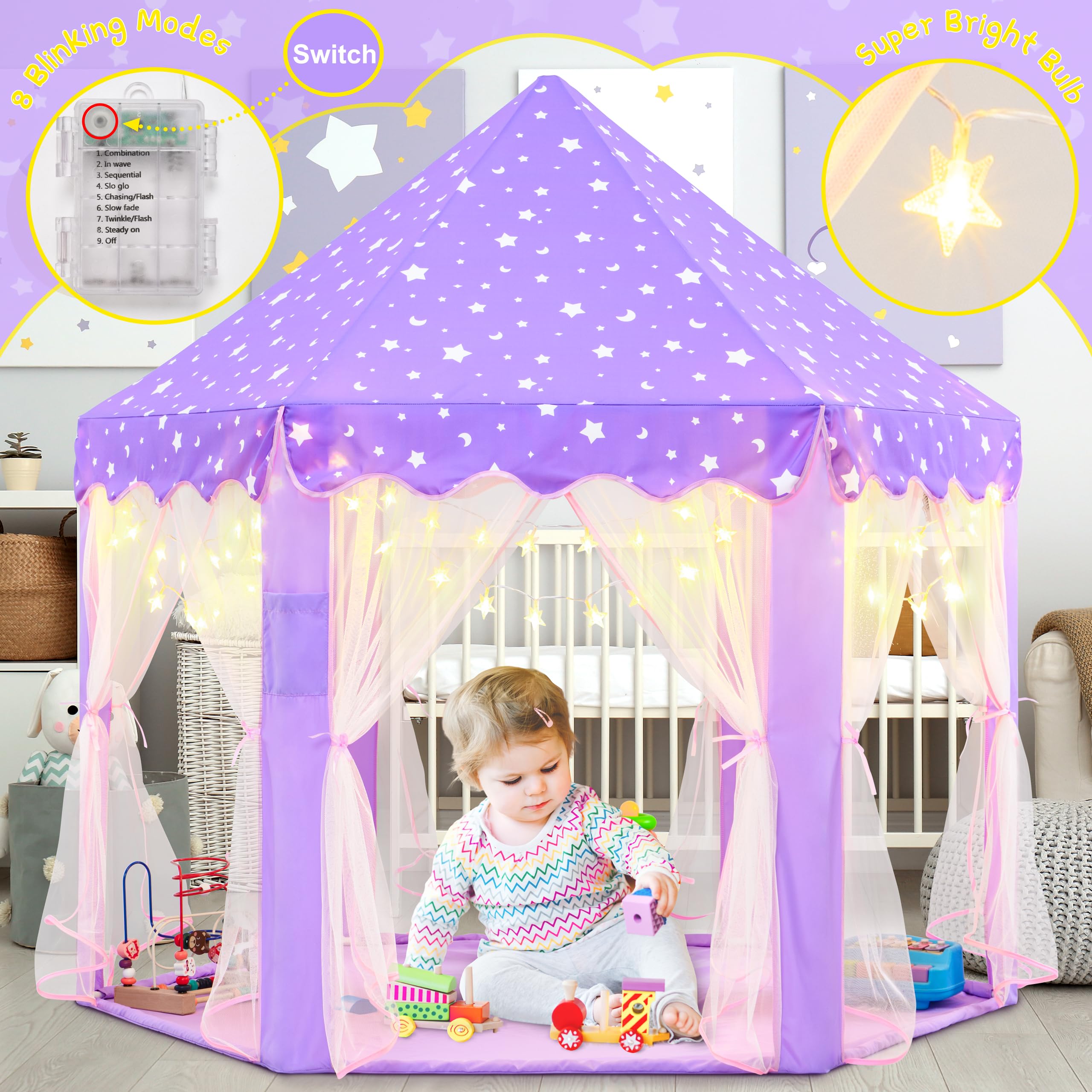 EVOIONOS Purple Tent for Girls, Kids Tent Indoor, Princess Tent with Star Lights, Girls Play Tent, Princess Castle Playhouse Tent, Little Girls Lavendar Tent, 55x53 Princess Tent for Girls