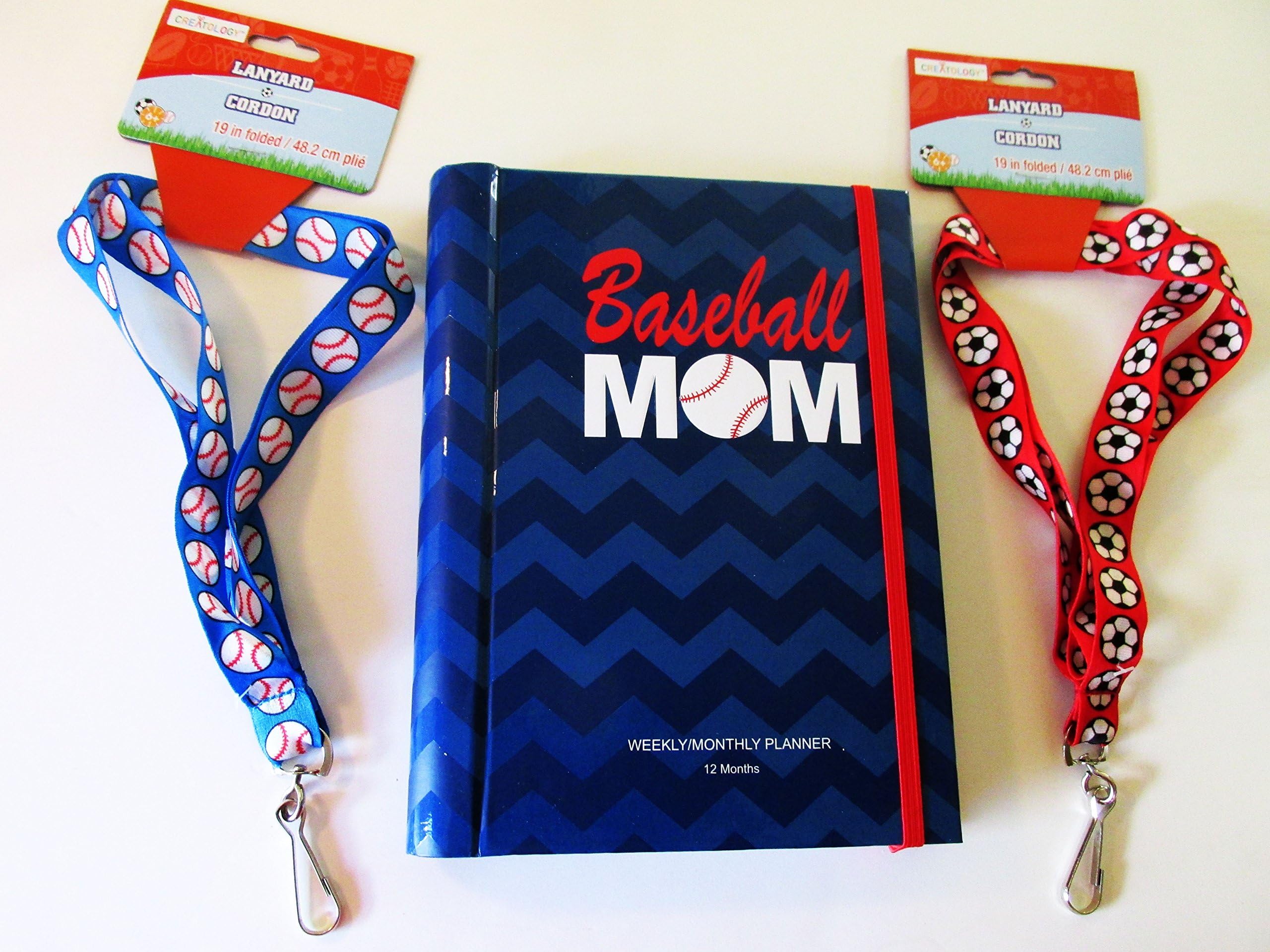 12 Month – Monthly/weekly Planner with 2 Lanyards Bundle Package 3-items- Baseball Mom Blue - W/2 Lanyard Assorted Colors - Write Your Own Dates In