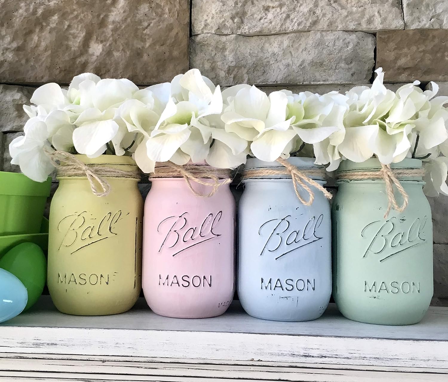 Set of 4, Rustic Hand Painted and Distressed, Pastel Mason
