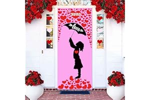 CYNOSA Valentines Day Door Cover Valentines Door Decorations Valentines Love Heart Girl Umbrella Door Decor Valentines Pink Backdrop Door Covers for Winter Party Outdoor Indoor Home Decor