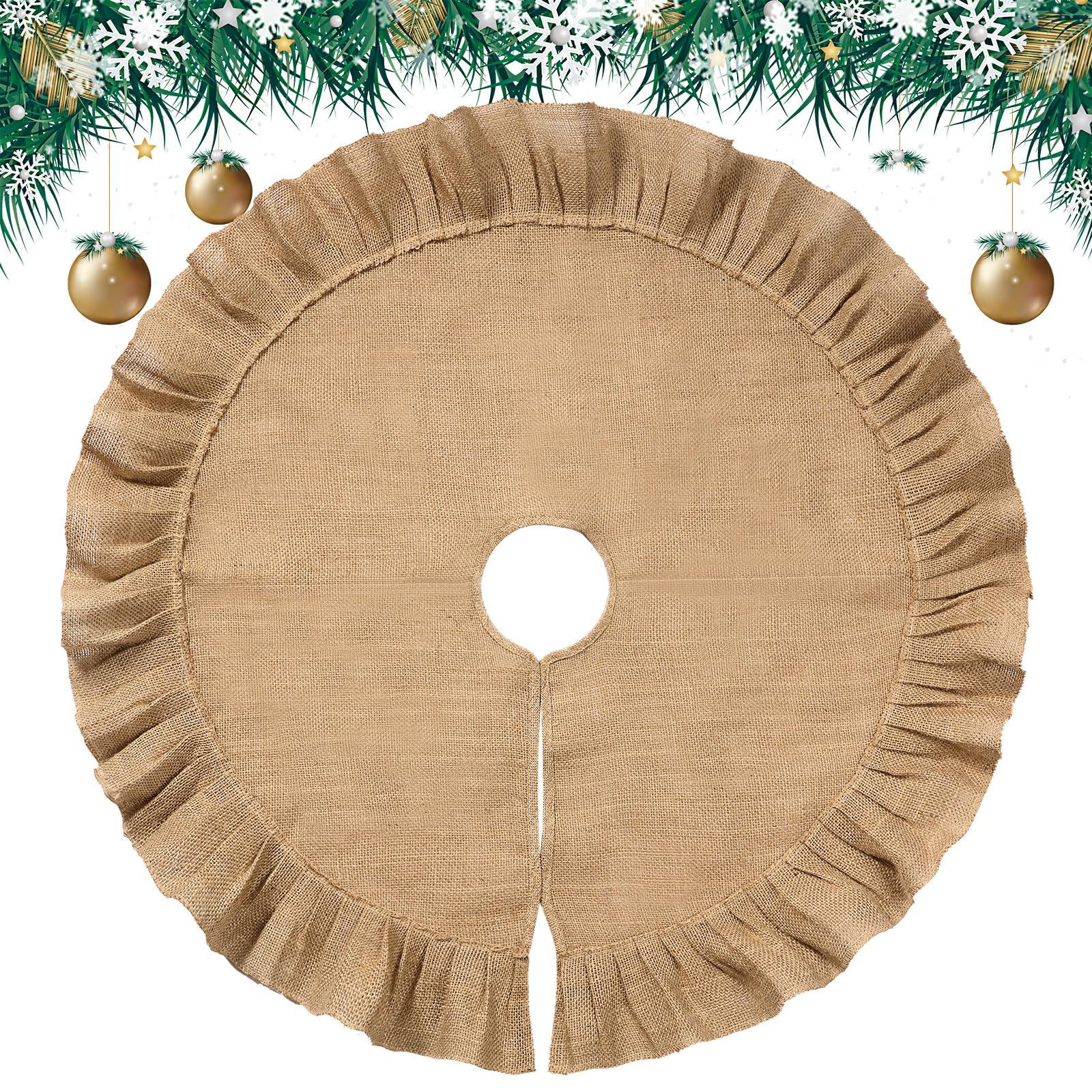 Sinmoe Christmas Tree Skirt Linen Burlap Tree Skirt for Christmas Tree Decorations Ruffled Trim for Party Winter Fall Decor Kitchen Home Farmhouse Craft Holiday Decorations (47 Inch)