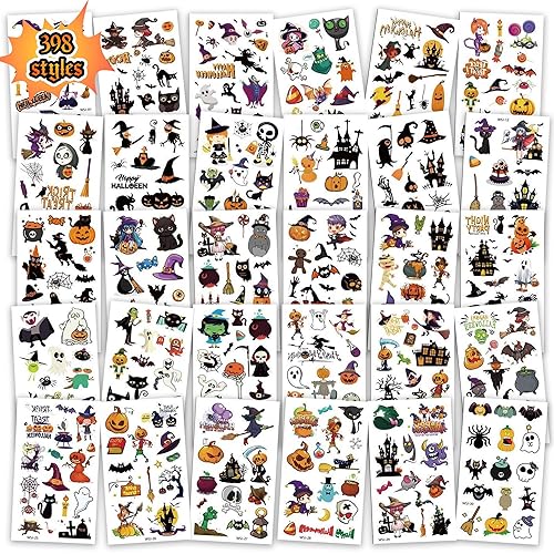 Halloween Temporary Tattoos for Kids – 30 Sheets with Pumpkins, Bats, Witches, and Skeletons – Fun Halloween Party Favors, Trick-or-Treat Goodie Bag Stuffers for Boys & Girls