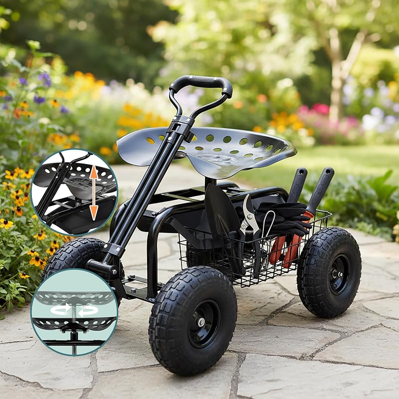 Banco de jardim com rodas, Ajustável em altura, 150 kg, Preto