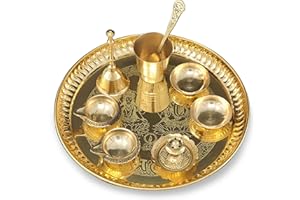 BENGALEN Brass Pooja thali Set 8 Inch with Pital Plate, Kuber Diya, Ghanti, Glass, Spoon, Bowl, Design Dhup Dan Daily Puja Thali for Diwali Home Mandir Office Wedding Return Gift Items