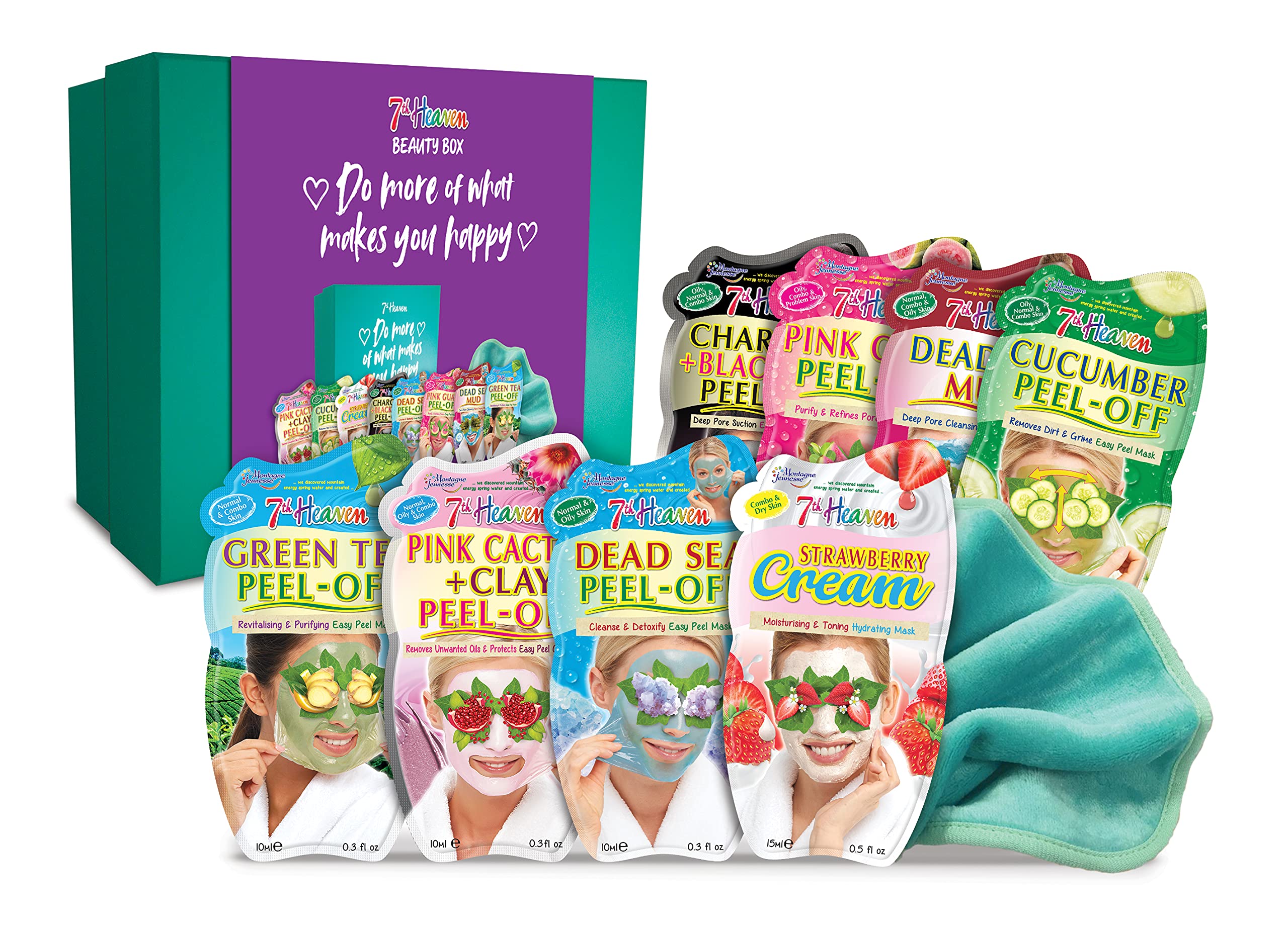 7th Heaven Beauty Box of Treats Gift Set with 8 Facial Skincare Masks, Soft Cleansing Facial Cloth and Decorative Keepsake Box - Contains a Variety of Peel-Off and Mud Masks