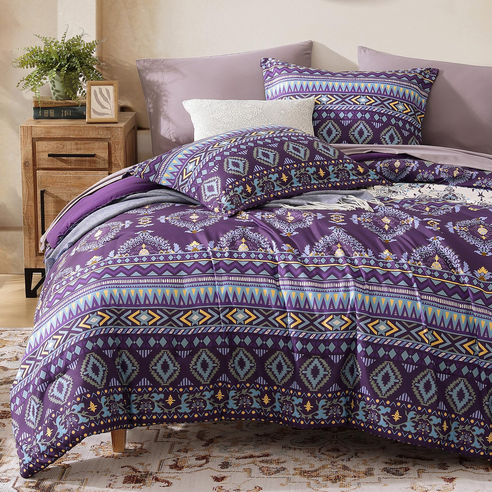 Photo 1 of CASAAGUSTO Full Size Comforter, 7 PCS Dark Purple Boho Comforter Full Size, Bohemian Striped Bed in A Bag, Soft Bedding Set for All Seasons(80"X90")