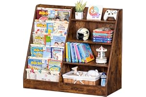 Lerliuo 4 Tier Kids Bookshelf and Storage Organizer, Five Layer Sling Children Bookcase, Baby Toddler Wooden Book Shelf, Display Cabinet for Playroom, Bedroom, Classroom, Nursery, School (Brown)