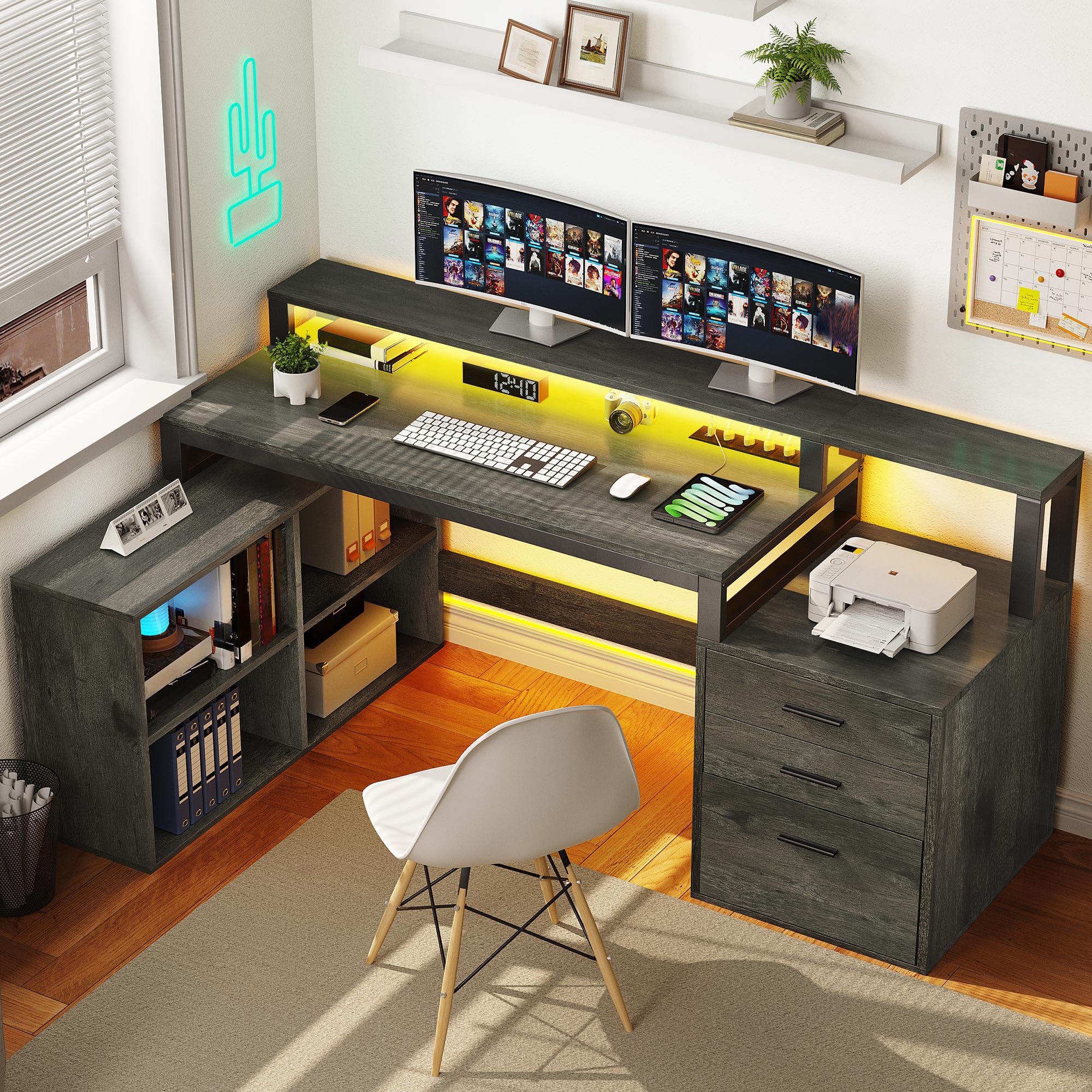 DWVO L Shaped Desk with Drawers, 65