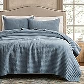 WDCOZY 100% Cotton Queen Size Quilt Set - Blue Striped Pick Stitch Soft Lightweight Bedspread, Textured Like Linen, Farmhouse Country Rustic Coverlet, Shabby Chic Gauze Bedding, 3 Pieces