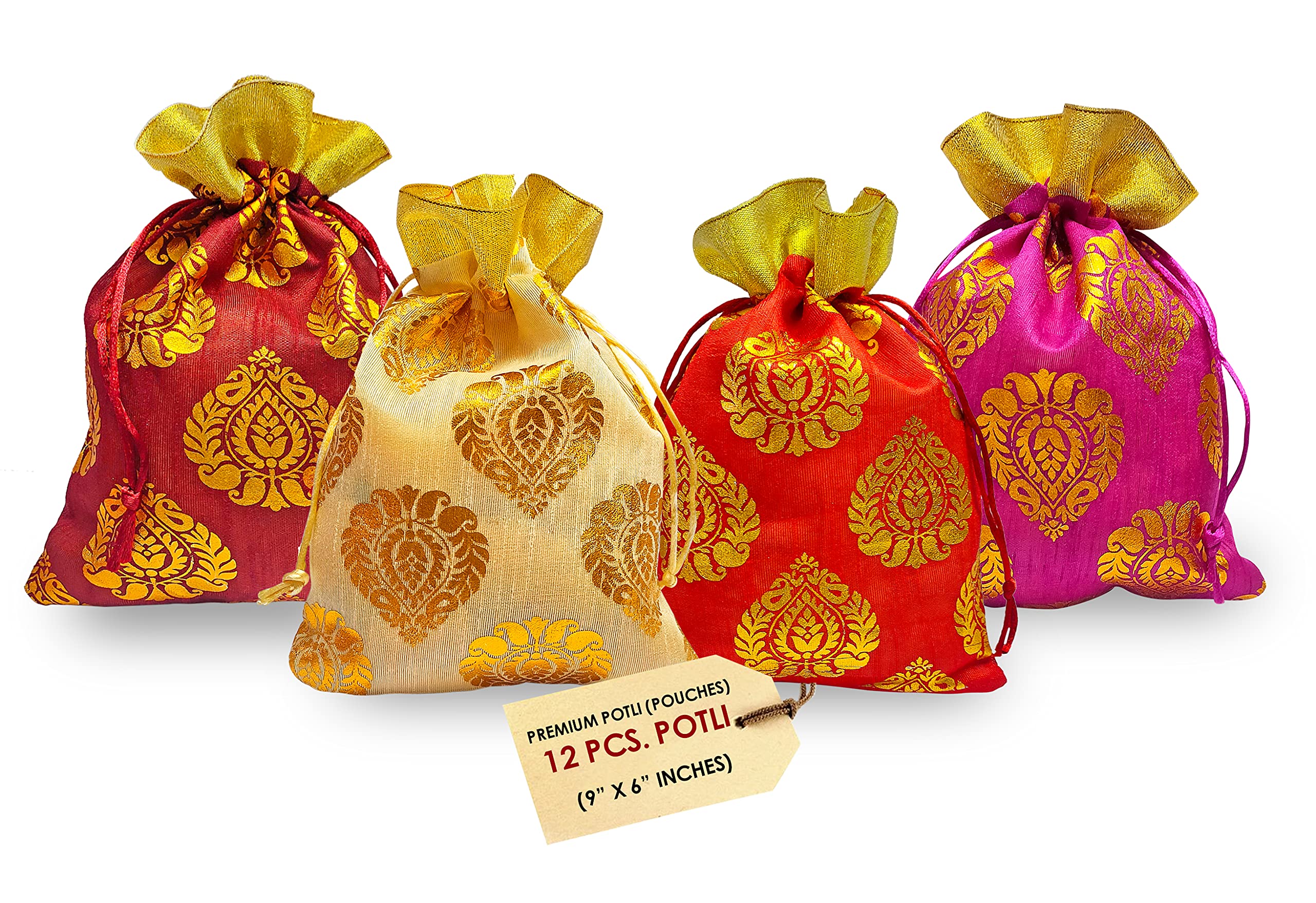 Craftsman 12 Pc Set Big Size (9x6 Inch) Designer Potli Organza Pouch Favour Bag Dry Fruit Diwali Gift Packaging Bag Handmade Premium Fabric With Random Color Indian Housewarming Return Gift Items Bulk
